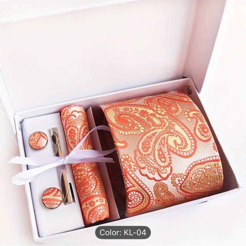 Elegant Orange Paisley Accessories Set with Tie and Pocket Square